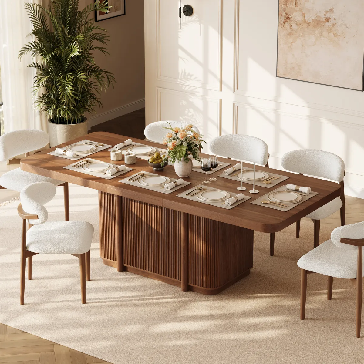 Lineva  71"–91" Extendable Walnut Dining Table with Fluted Base, Seats 6–8