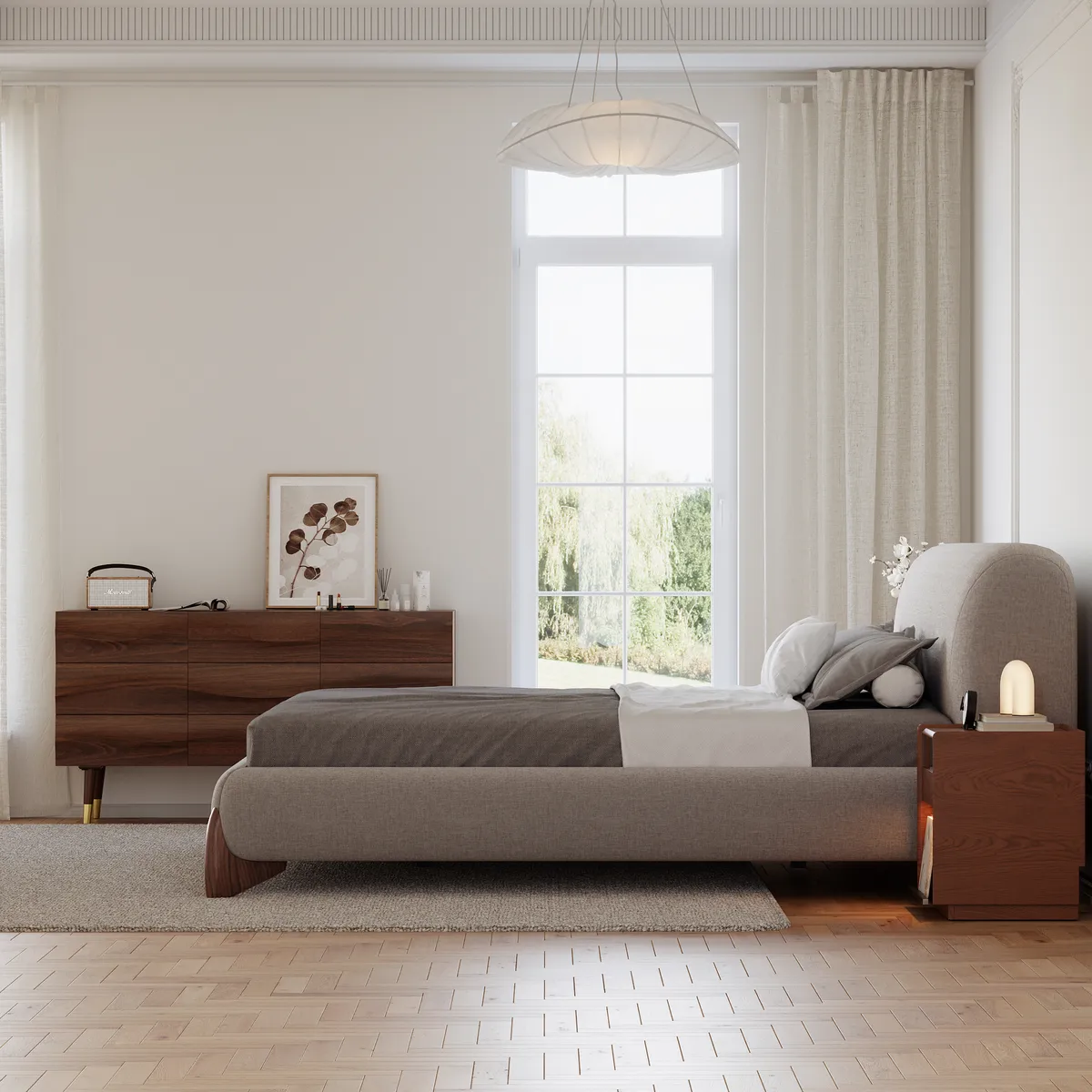 Modern White Boucle Platform Bed Queen Size Bed Frame with Upholstered Headboard — image 7