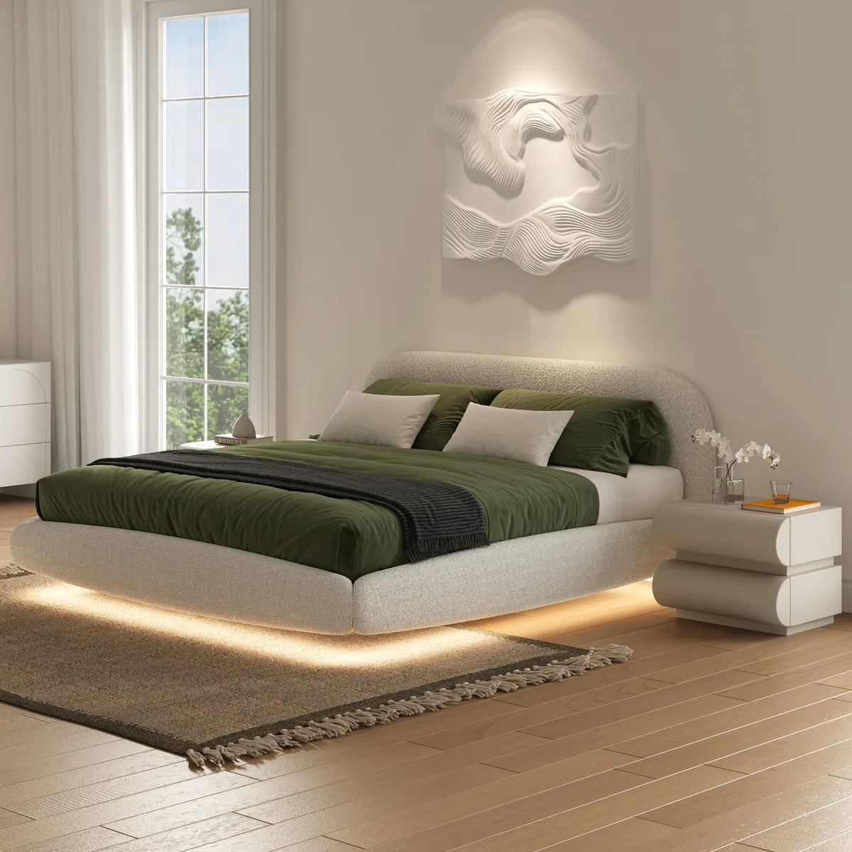 White Leather Smart Nightstand with Wireless Charger Bedside Table with USB & Type-C Ports King Size Boucle Upholstered Floating Bed Frame with Light — image 2