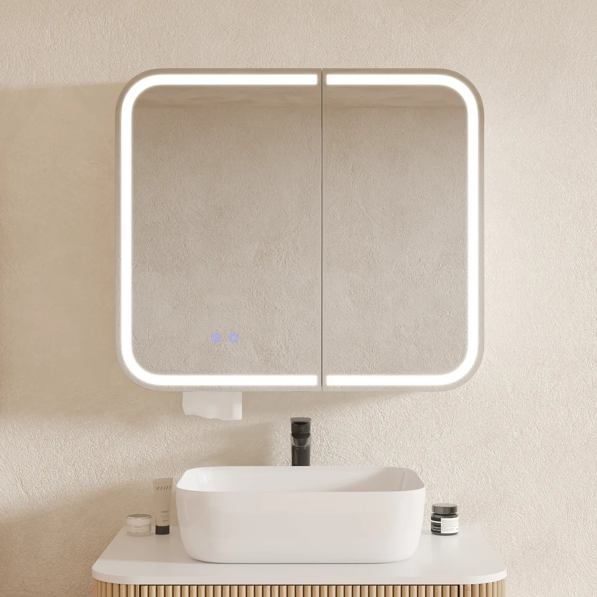 31" LED Bathroom Mirror Cabinet with Defogger, 3-Color Light, Tissue Slot