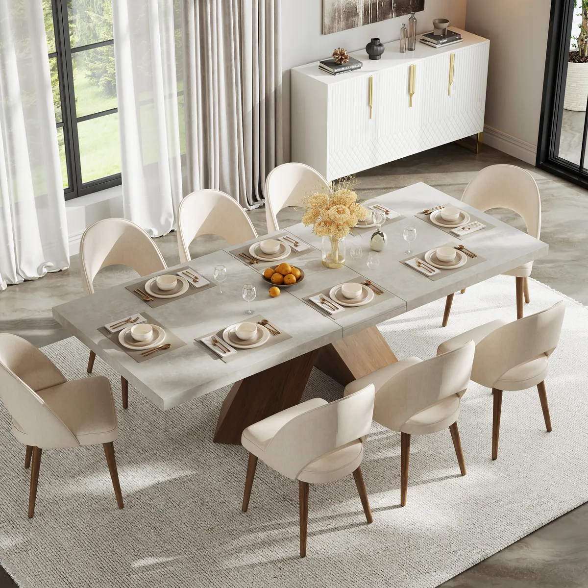 63"-79" Extendable Walnut Dining Table Modern Farmhouse Rectangle 4-6 Seater Pedestal — image 11
