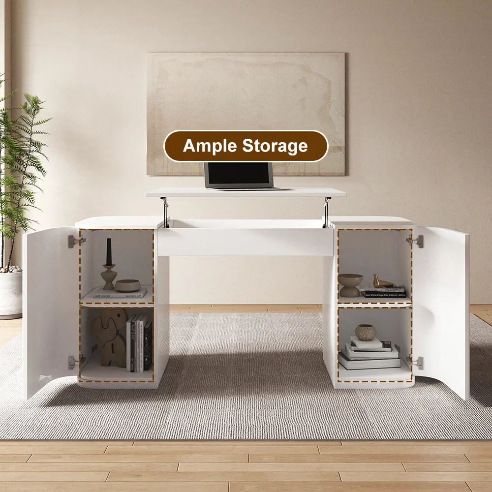 Modern 60" Black Standing Office Desk & Sliding Door Etagere Bookshelf — image 26