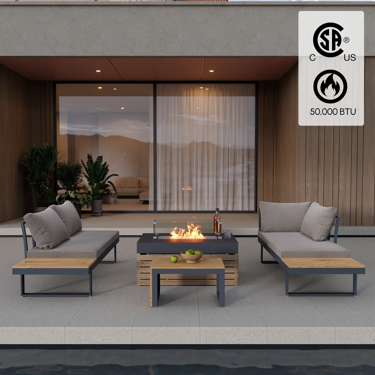 4PCS Modular L-Shaped Outdoor Sectional Sofa Set with Smokeless Fire Pit Table Yard& Garden Furniture for 4 Person in Gray Cushion Included — image 2