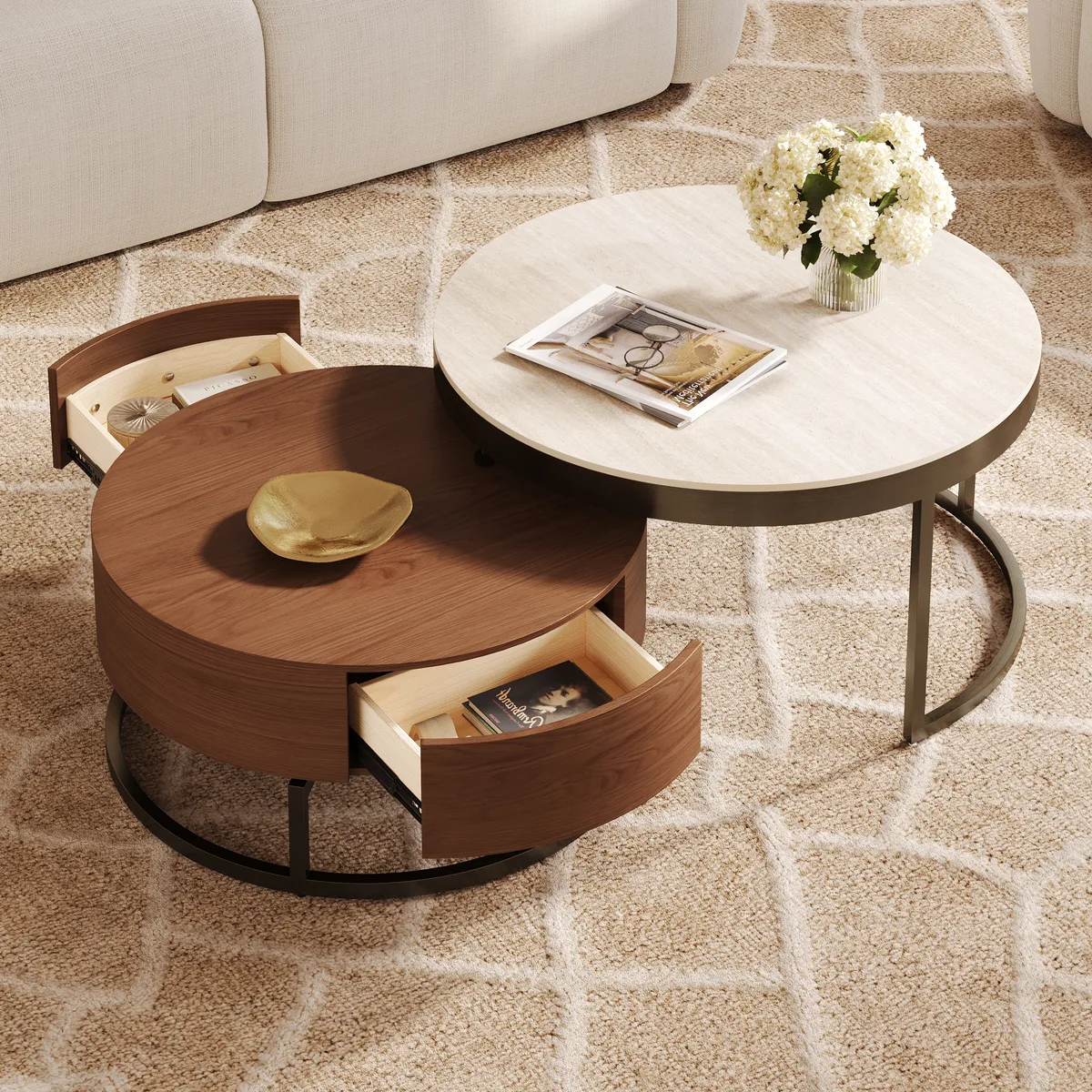 Nesnesis 28"-32" Round Nesting Walnut Coffee Table Set with Sintered Stone Top — image 6