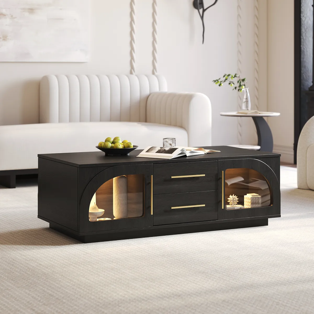 Arune 72" Japandi Whitewash TV Stand Coffee Table Set with LED Lights and Arched Glass Cabinet Doors — image 15