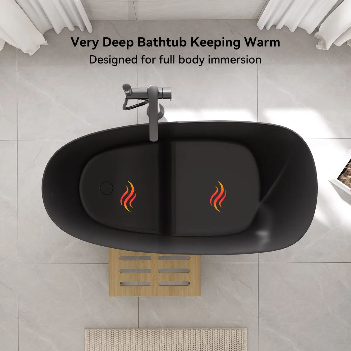 47" Japanese Irregular Freestanding Stone Resin Soaking Bathtub, Marble Look — image 24