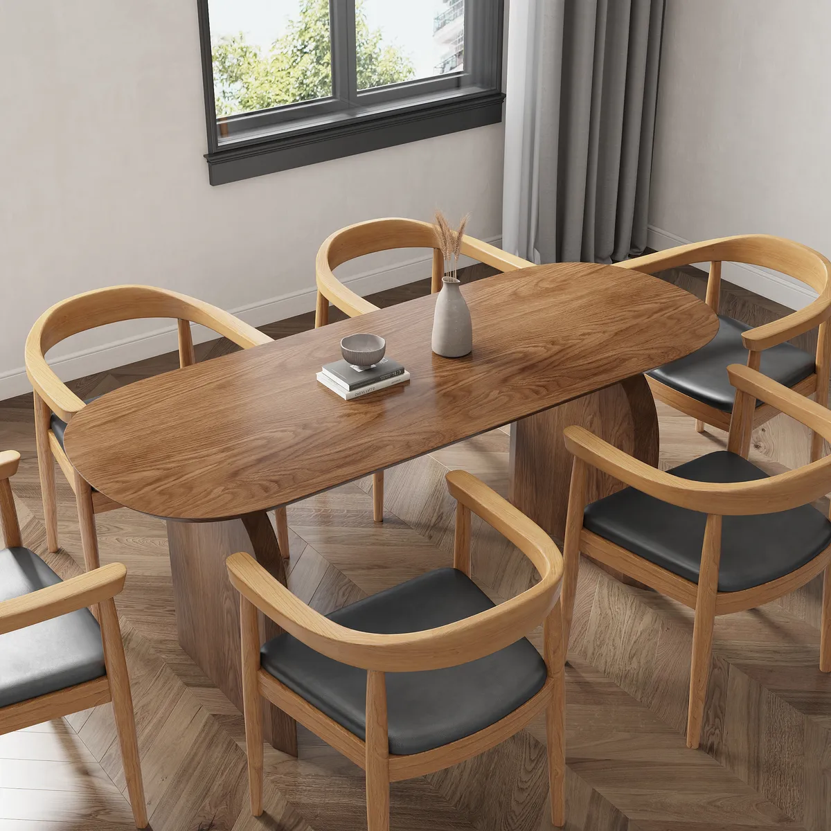 Dining Table Set 70.9" Oval Solid Wood Dining Table & 4 Walnut Japandi Rattan Dining Chairs — image 22