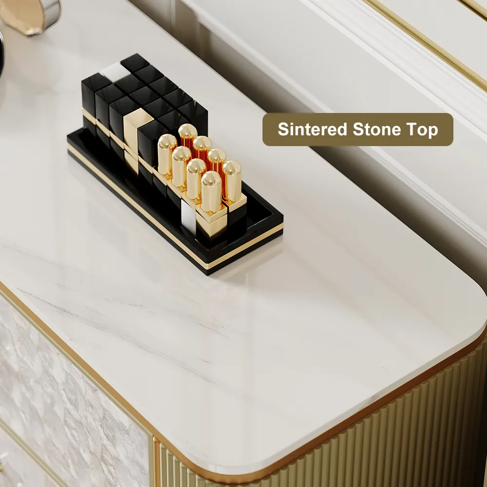 Art Deco 6 Drawer Dresser Capiz Shell Beige Chest Storag Cabinet with Sintered Stone Top — image 7