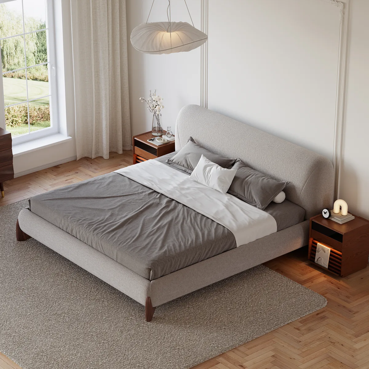 Modern White Boucle Platform Bed Queen Size Bed Frame with Upholstered Headboard — image 3