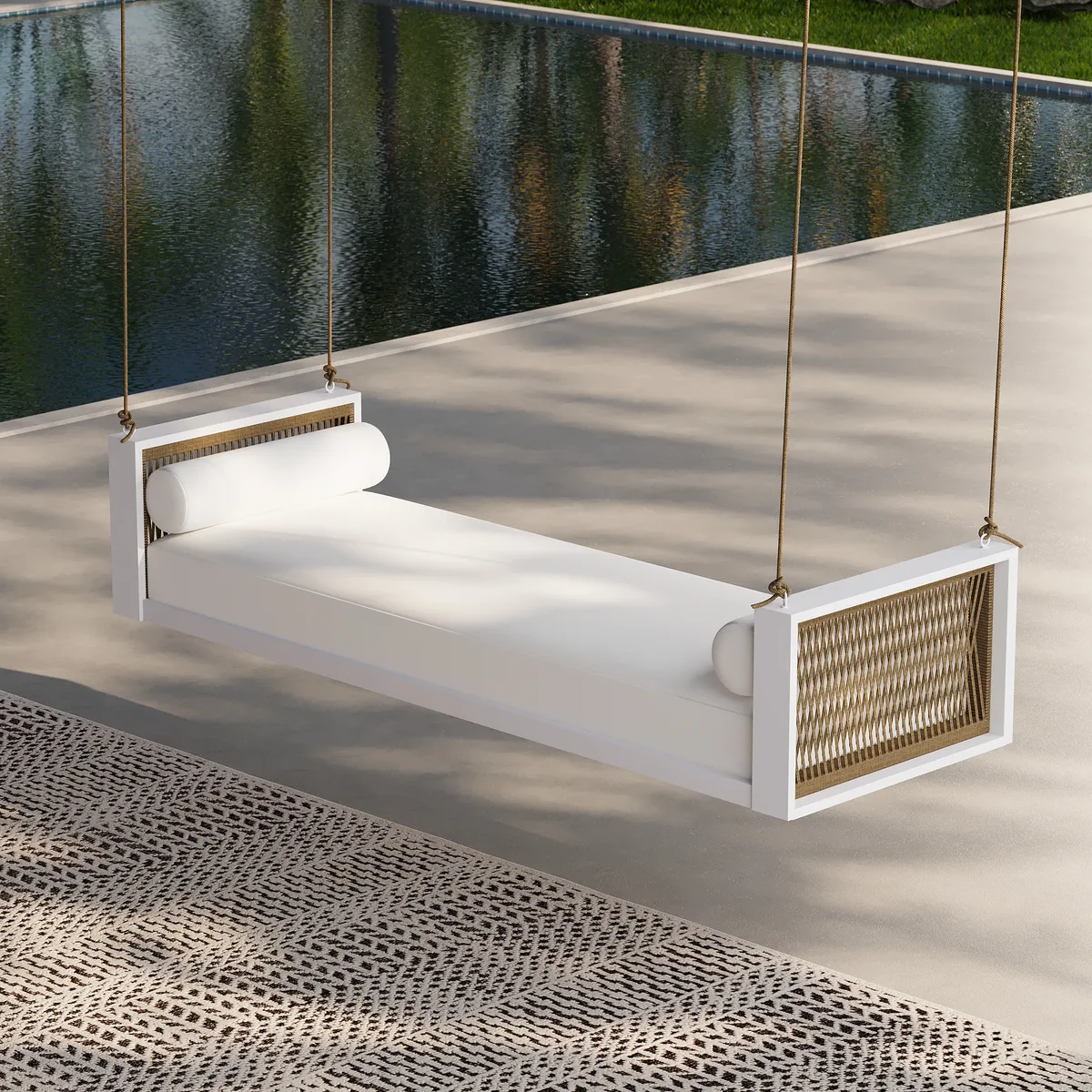 Patio Woven Rope Hanging Daybed Exterior Porch Swing Chair Sofa in Gray Cushion & Pillow Included — image 2