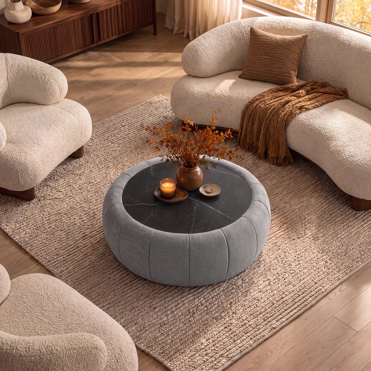 Modern 39" Round Performance Leather Ottoman Coffee Table with Hidden Storage — image 3