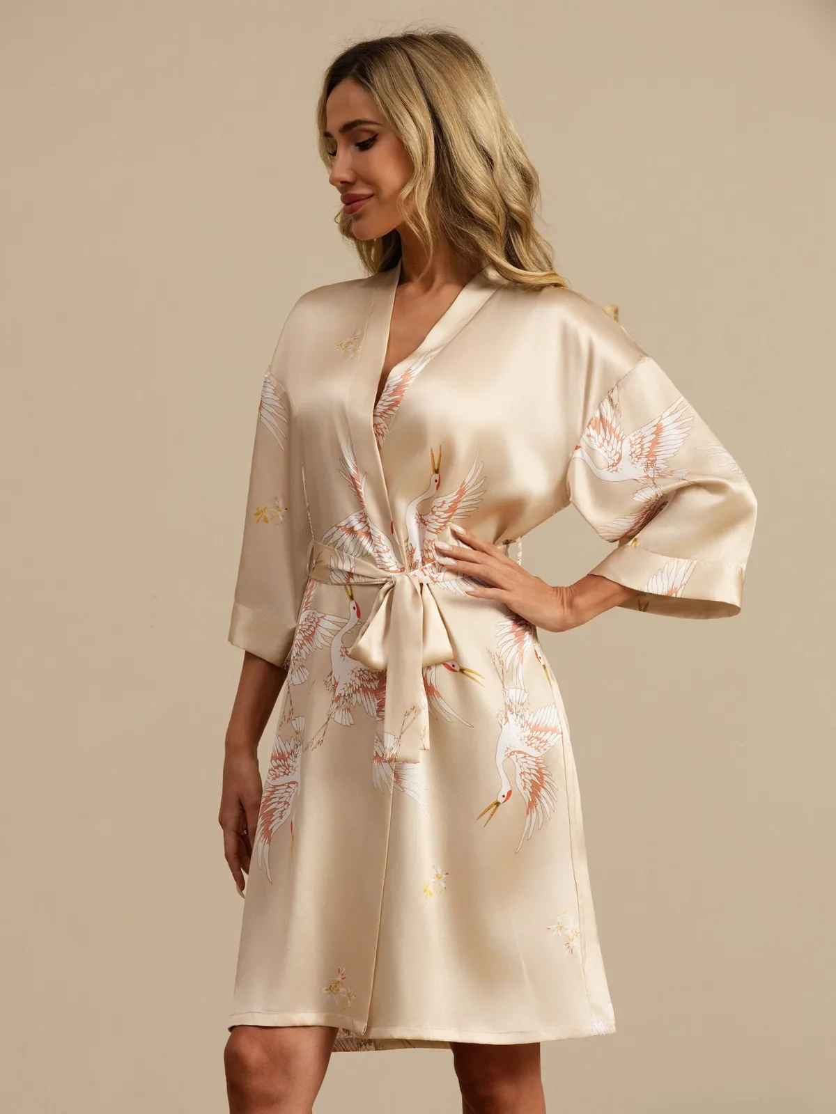 19Momme 100% Mulberry Silk Crane Print Belted Wrap Women's Kimono Robe — image 6