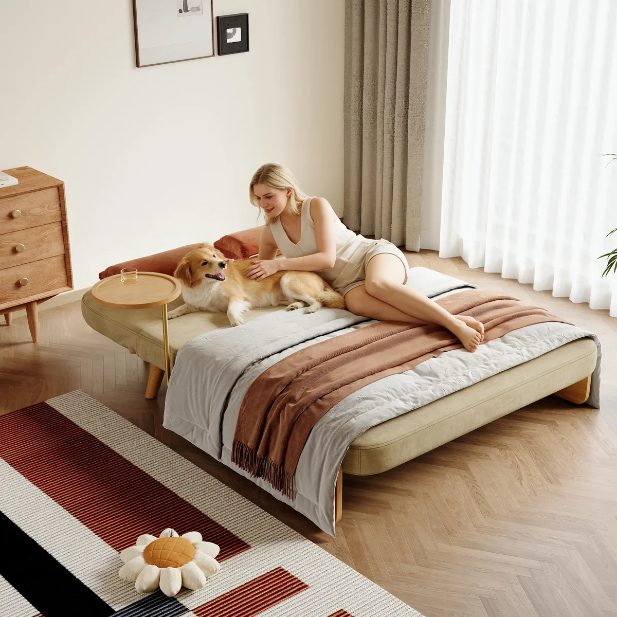 Futon Bed Twin Sleeper Sofa Convertible Chair Bed with Rattan Armrest — image 14