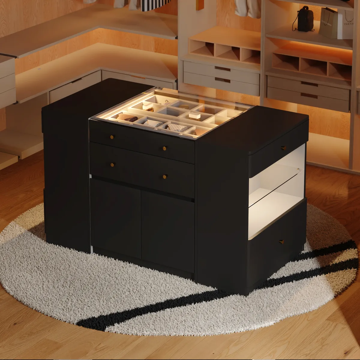 Selvo Saddle Leather Closet Island with Glass Top & Light — image 4