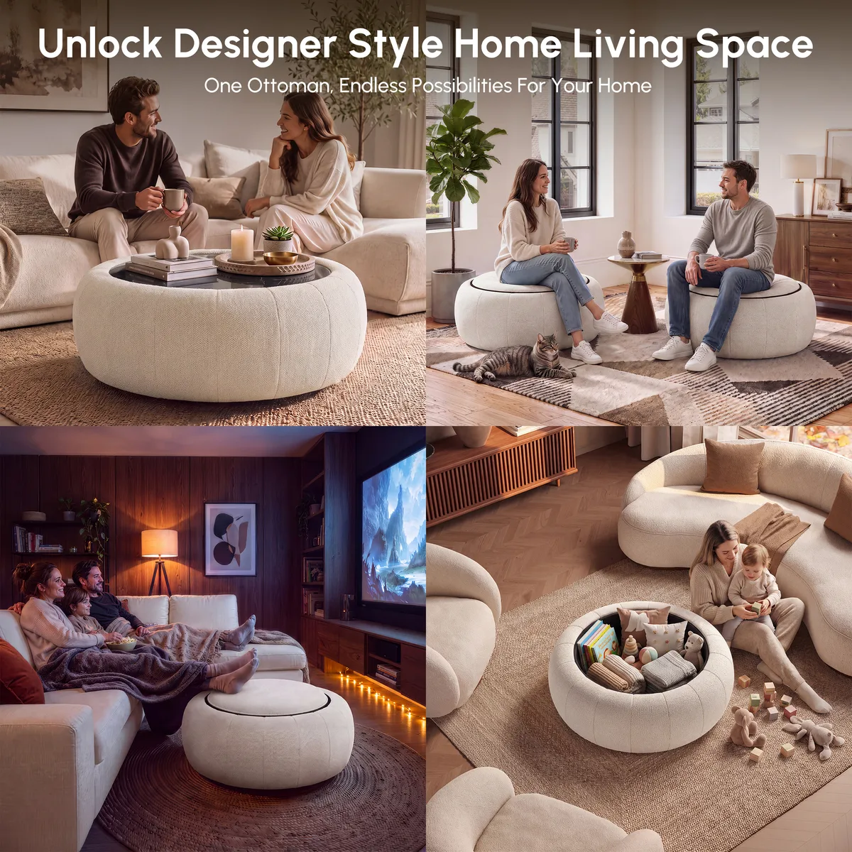 Modern 39" Round Performance Leather Ottoman Coffee Table with Hidden Storage — image 18