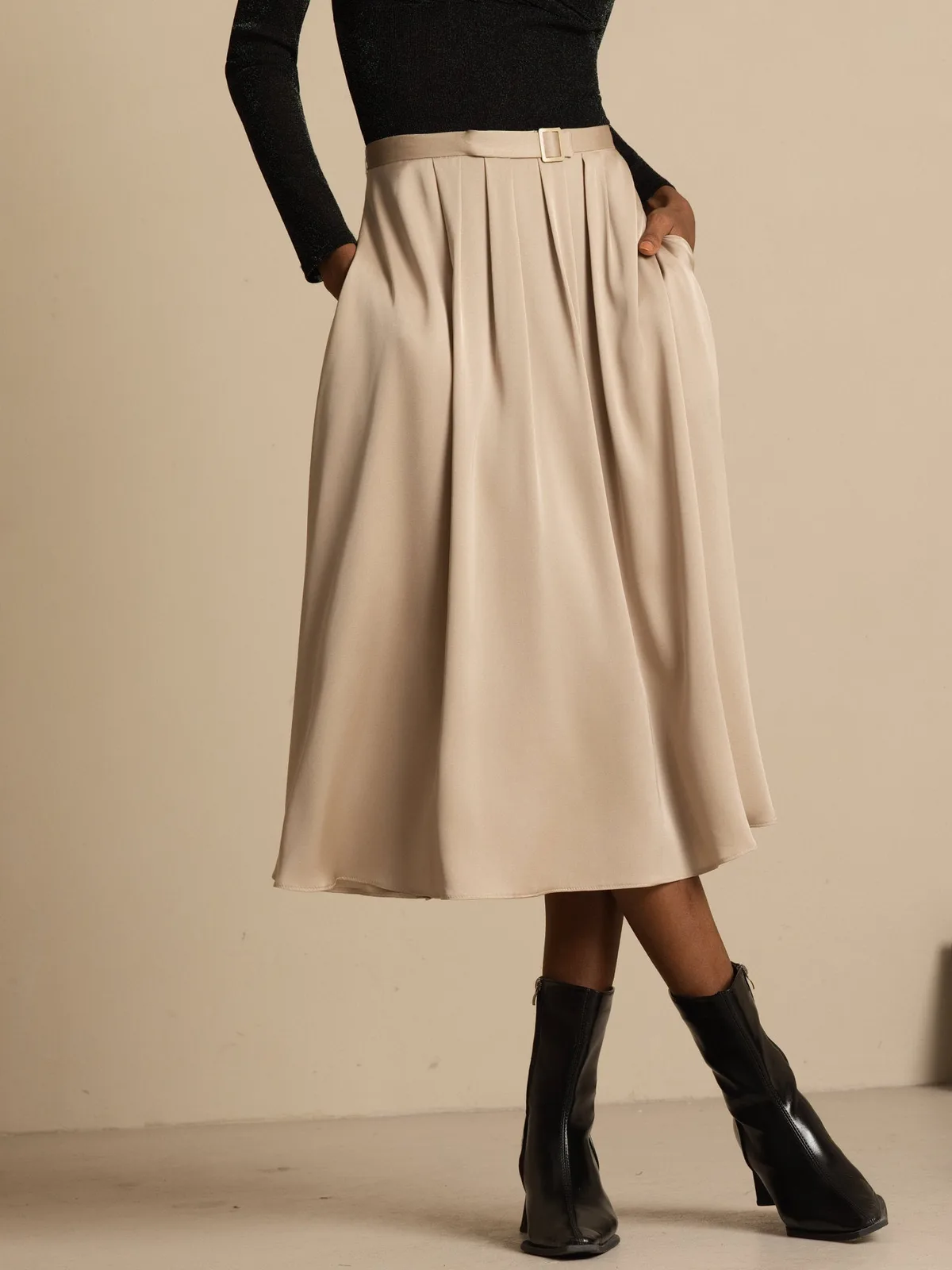 19Momme Silk High Waist A-Line Pleated Midi Skirt with Pockets — image 4