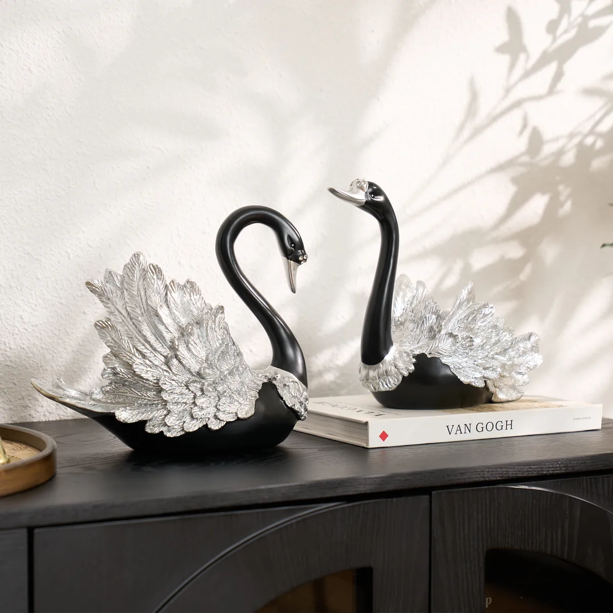 2-Piece Resin Swan Figurines, Black & Gold Decorative Storage Set