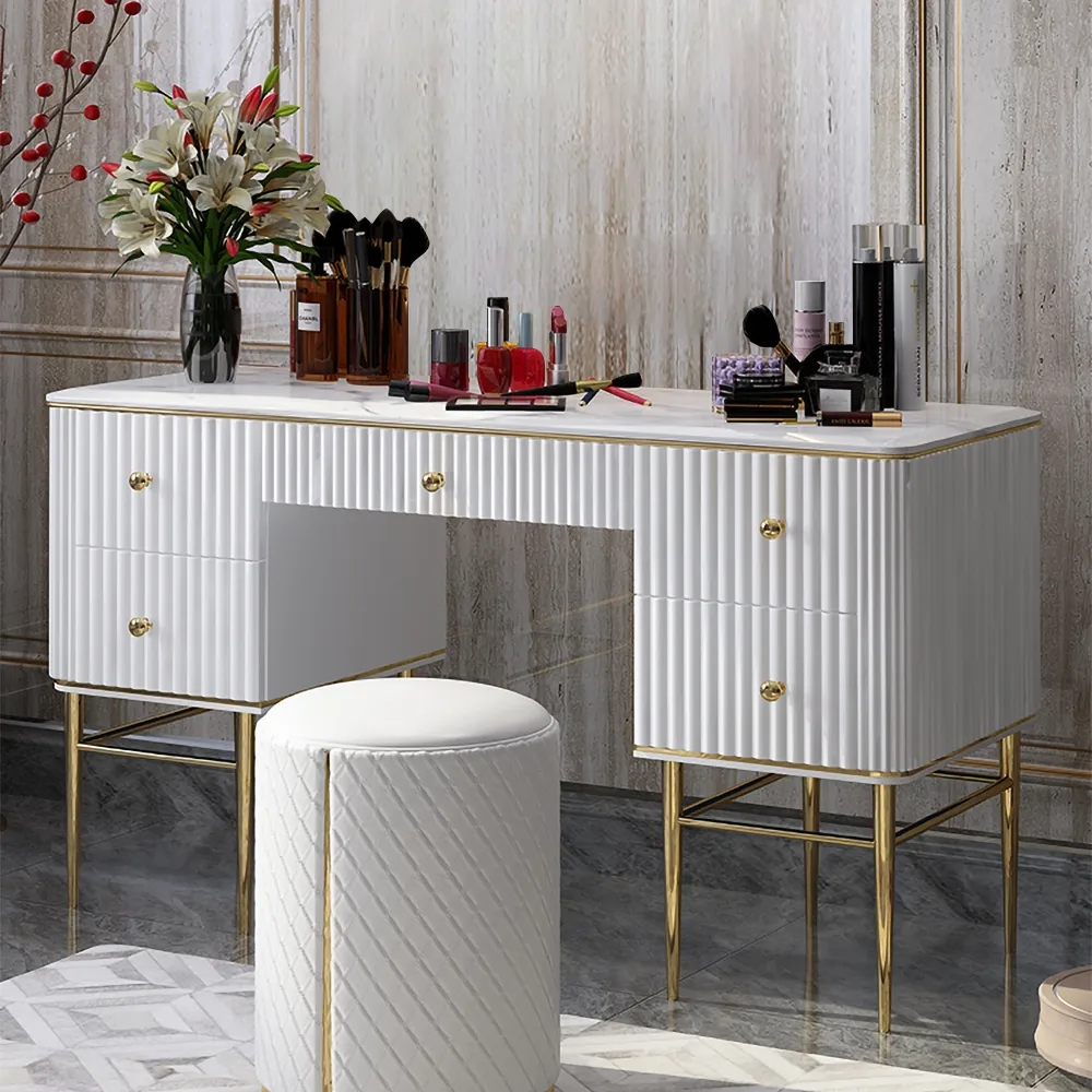 Bline White Makeup Vanity Table Marble Dressing Table with Drawers Gold Stainless Steel — image 4