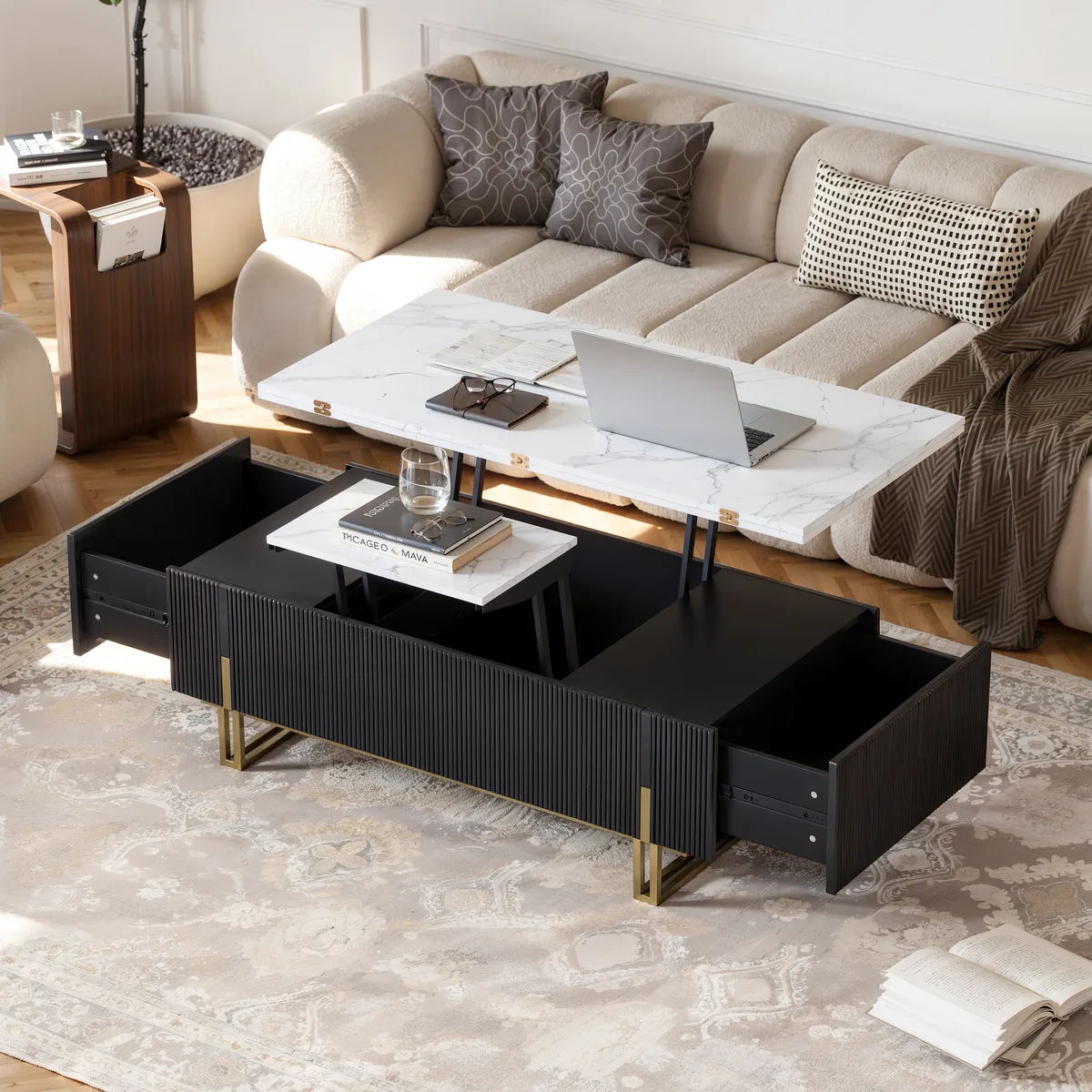 47.2" Fluted Lift-Top Coffee Table with 2 Drawers — image 11