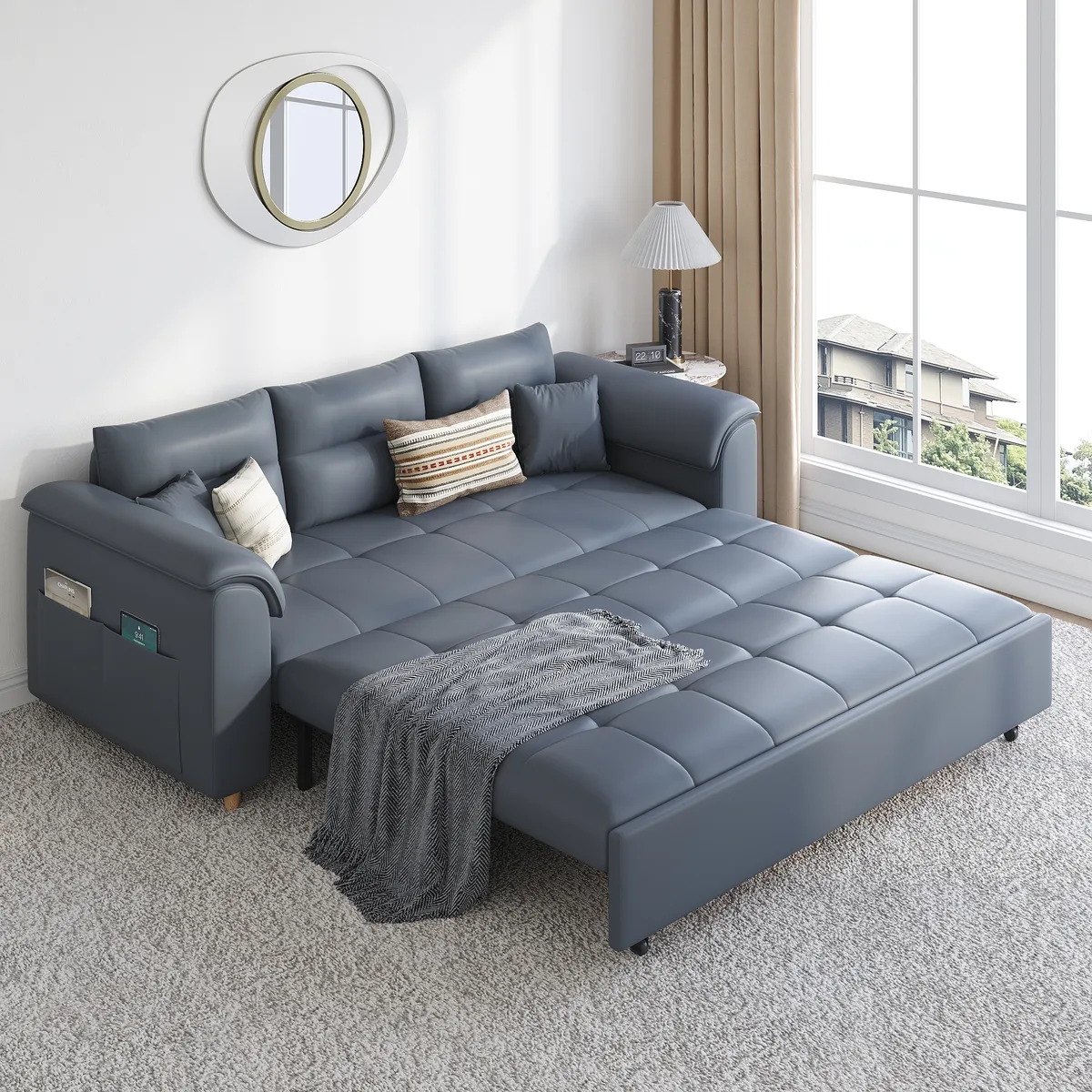 Leather Queen Size Sleeper Sofa with Trundle Pull Out Sofa Bed — image 3