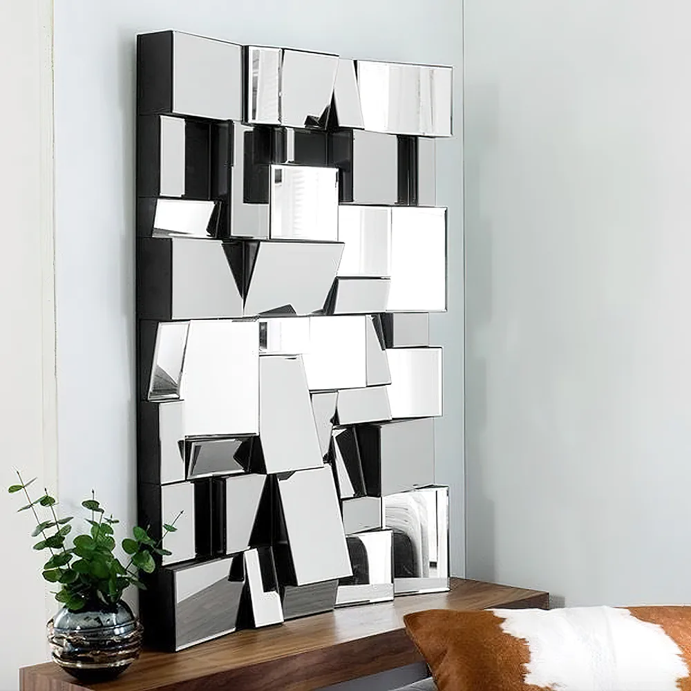 39" Brown Glass Wall Mirror Geometric Decorative Mirror Vertical & Horizontal Mounting