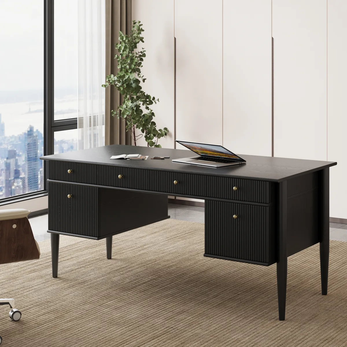 Mid-Century Solid Wood Home Office Desk with 6 Drawers — image 2
