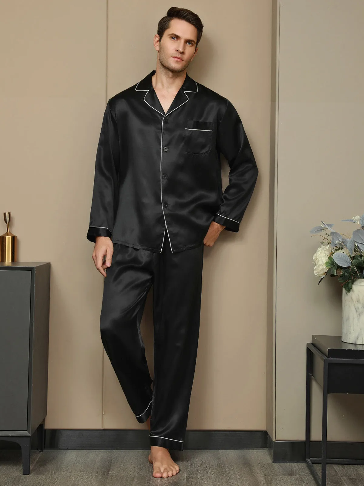 100% Mulberry Silk Long Sleeve Notch Collar Men's Pajamas Set with Button Up Design — image 4