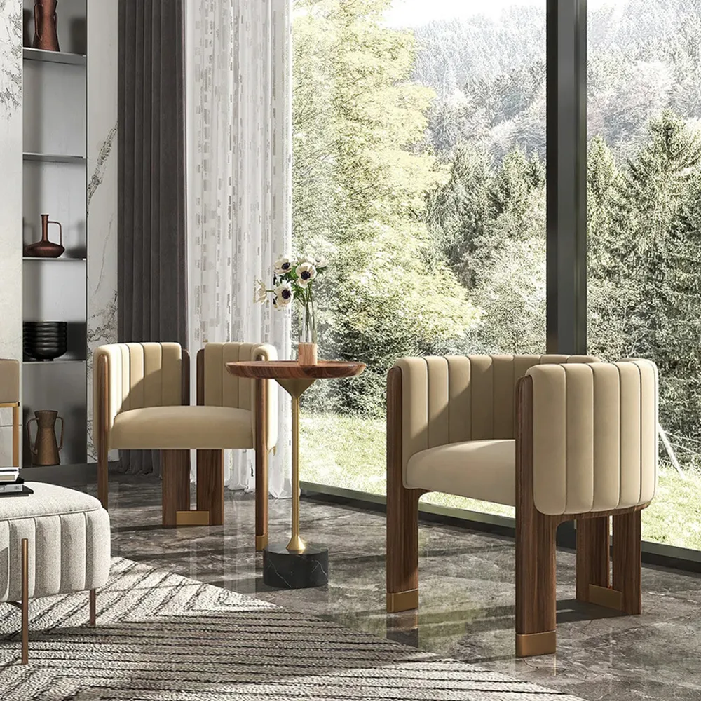 Modern Wood Accent Chair Beige Velvet Upholstered Arm Chair — image 3
