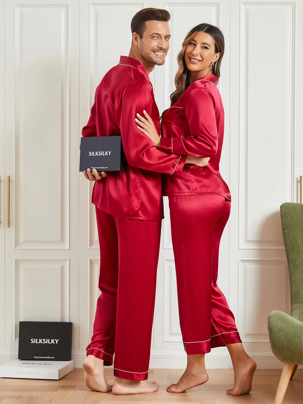 Couple 100% Mulberry Silk Long Pajamas Matching Set Total — image 5