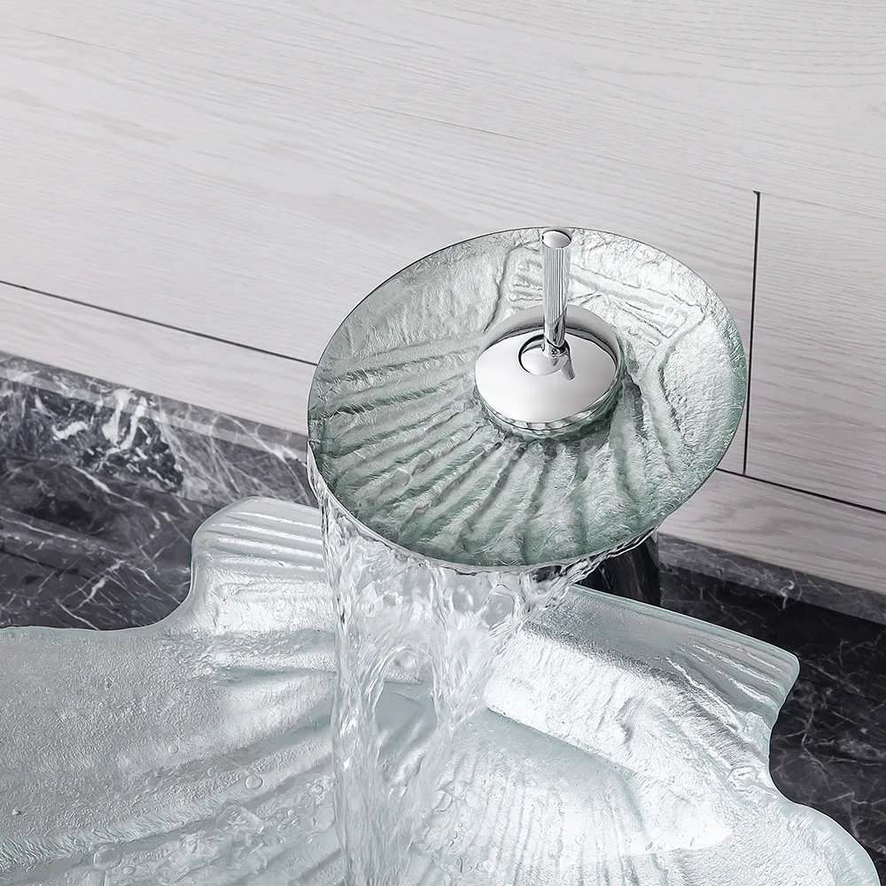 Vessel Transparent Shell Shaped Crystal Glass Bowl Bathroom Wash Sink with Faucet — image 4