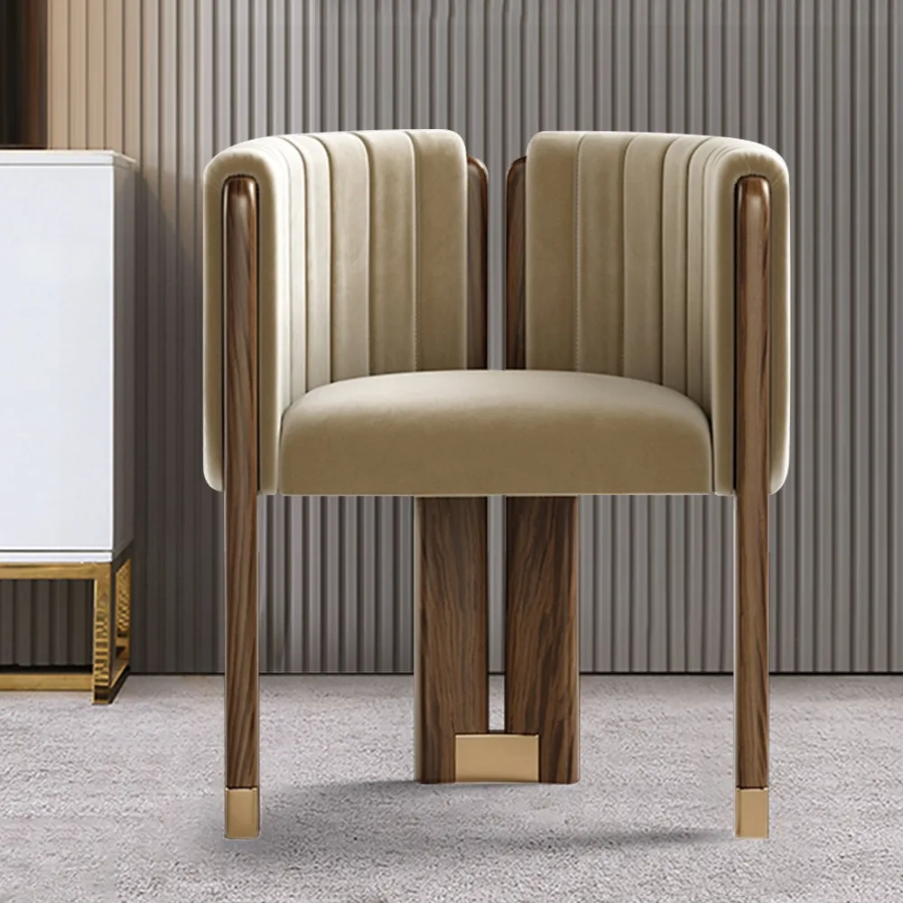 Modern Wood Accent Chair Beige Velvet Upholstered Arm Chair — image 10