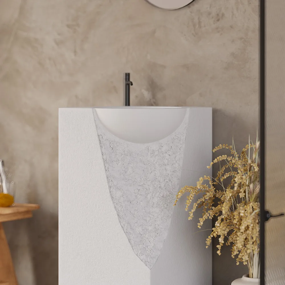34" Japandi Tall Stone Resin Pedestal Sink with Rounded Basin Freestanding — image 8