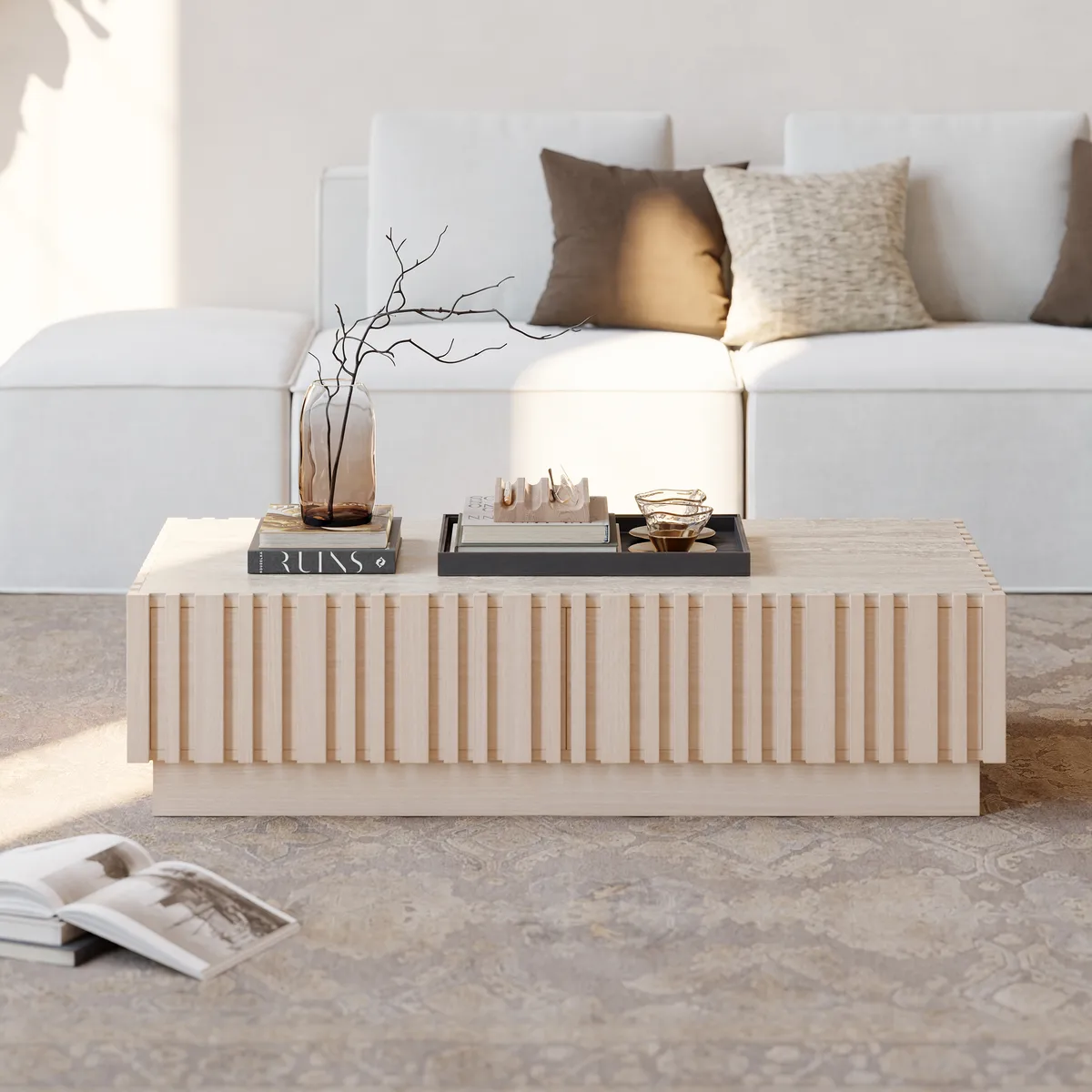 Aura 47" Ash Wood Slatted Coffee Table with Sintered Stone Top — image 4