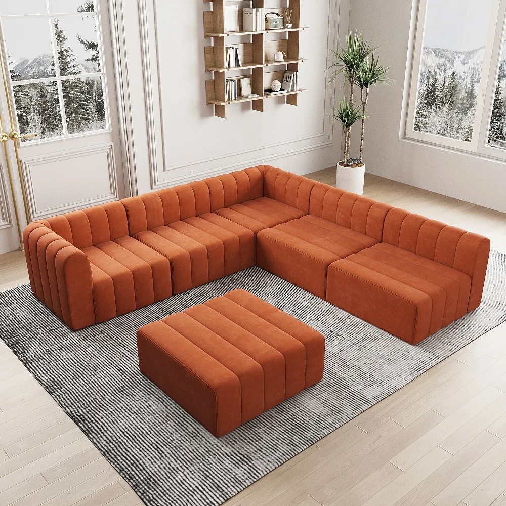 118.9" Velvet Convertible Modular Sectional Sofa Orange Upholstered 6-Seater Sofa Set — image 16