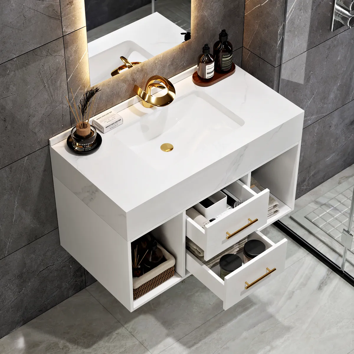 35.4" Floating Bathroom Vanity with Cultured Marble Vessel Sink with 2 Drawers — image 15