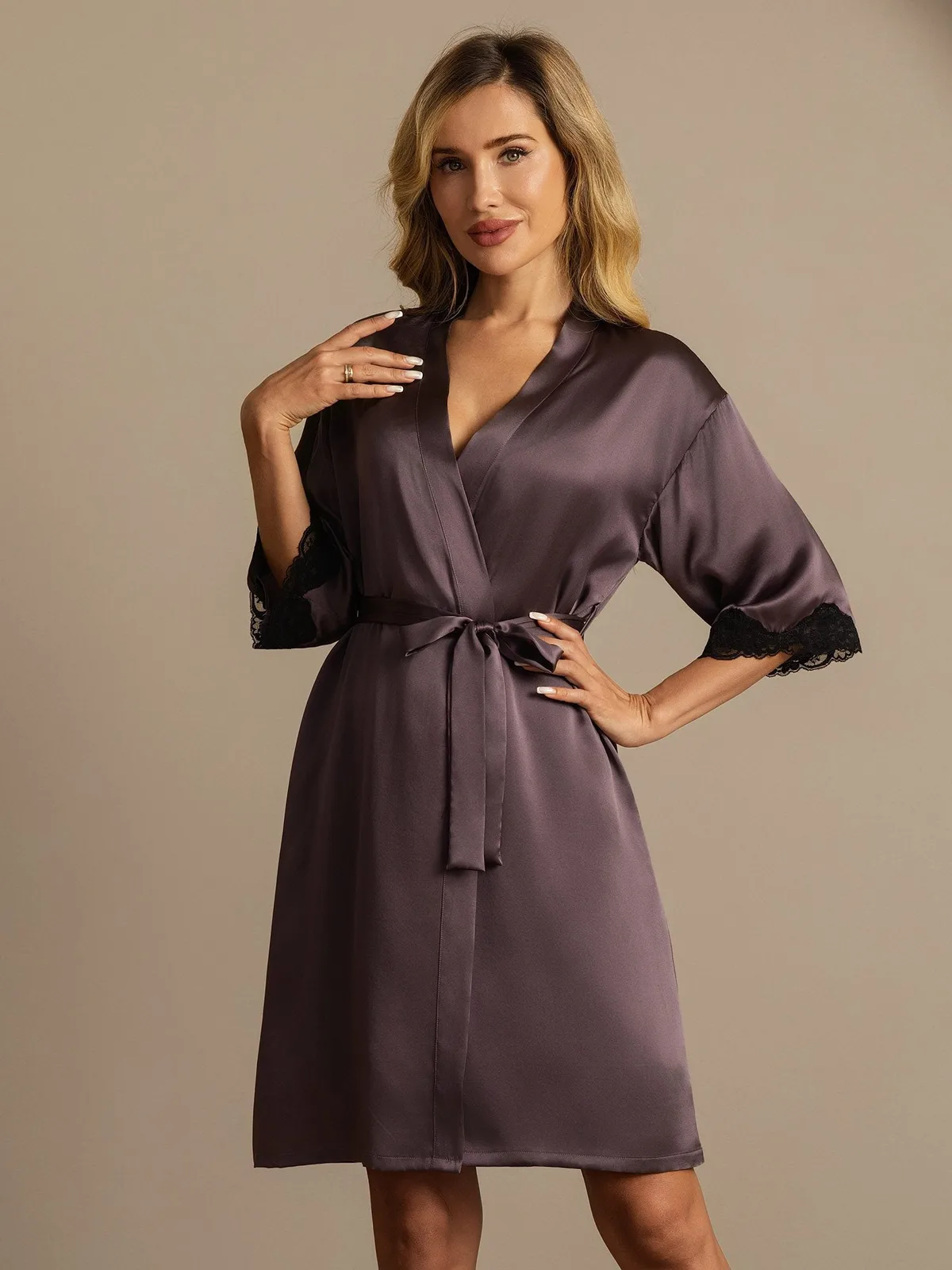 100% Mulberry Silk Basic Women's Robe with Lace Design — image 5