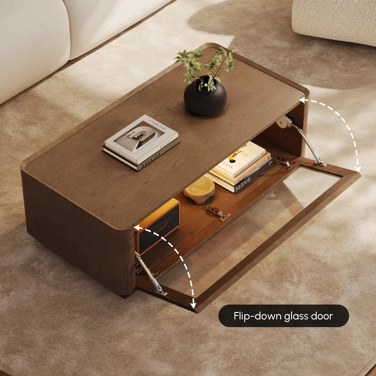 47" Glass Door Walnut Coffee Table with Storage and LED — image 7