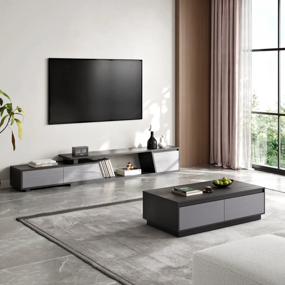 47" Mid Century Modern Gray Coffee Table Rectangular Block Living Room Table with Storage — image 25