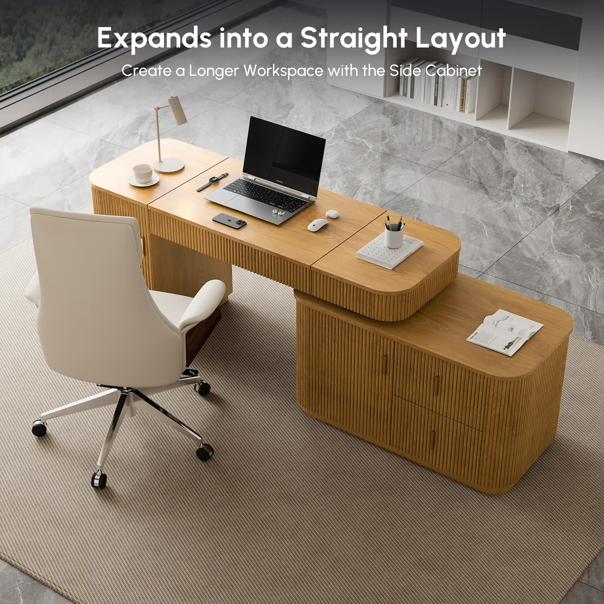 Modern 65" L-Shape Natural Executive Desk with Right-Side Cabinet — image 20