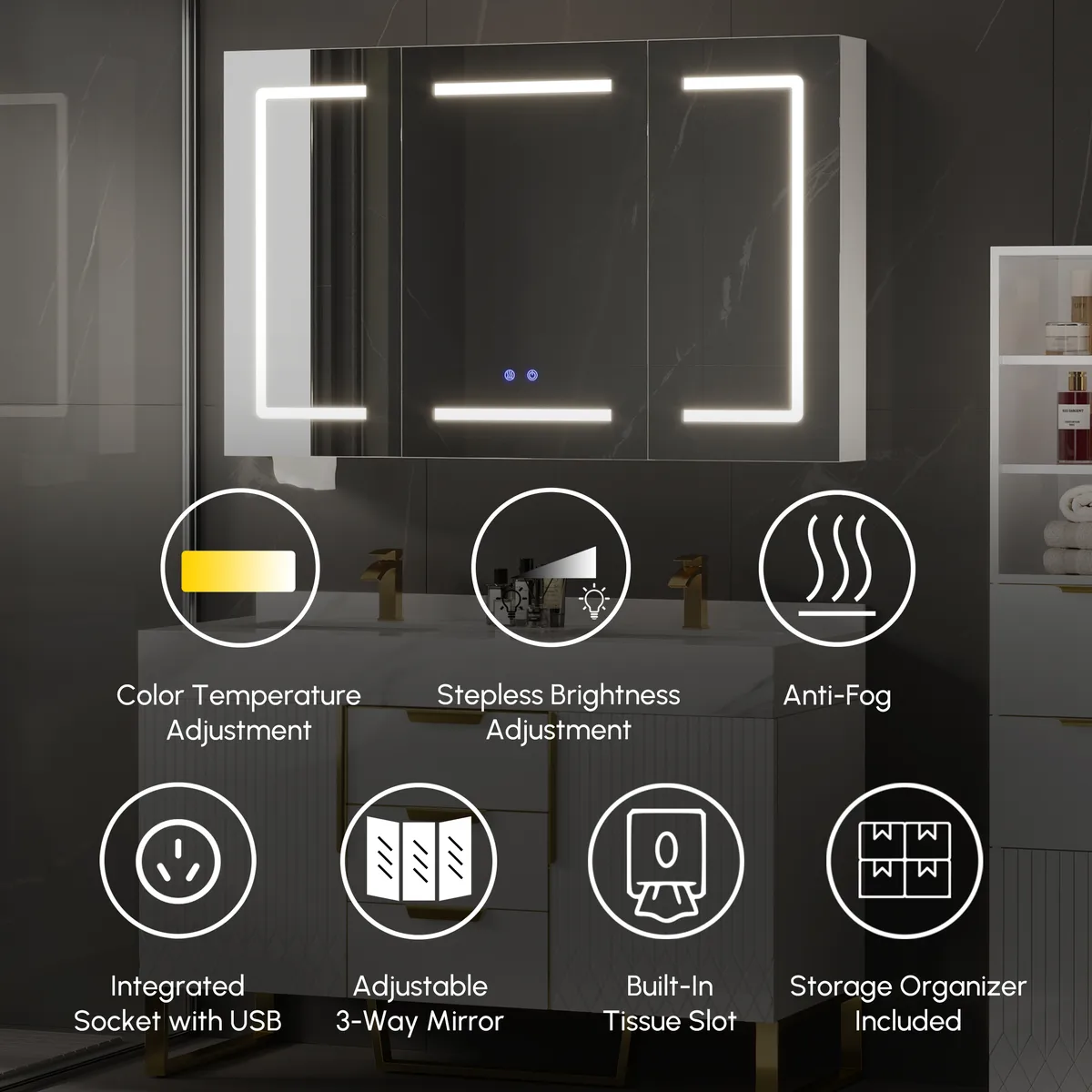 47" LED Bathroom Medicine Cabinet Dimmable with Defogger, Tissue Slot and Outlet — image 7