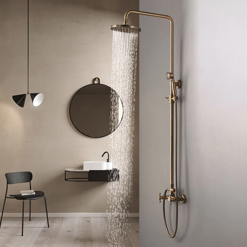 Classic Exposed Antique Brass Two Handle Round Rainshower Shower Fixture Solid