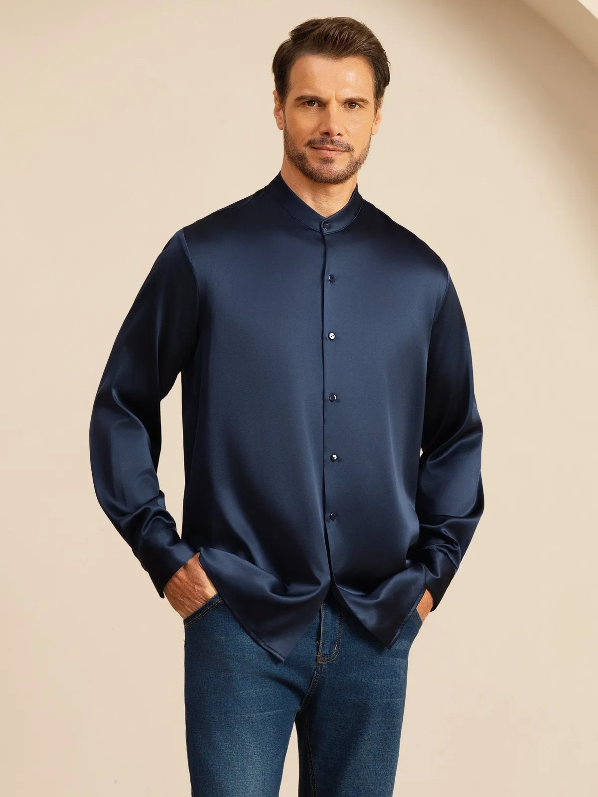 19Momme Silk Men''s Long Sleeve Stand Collar Classic Business Shirt — image 4