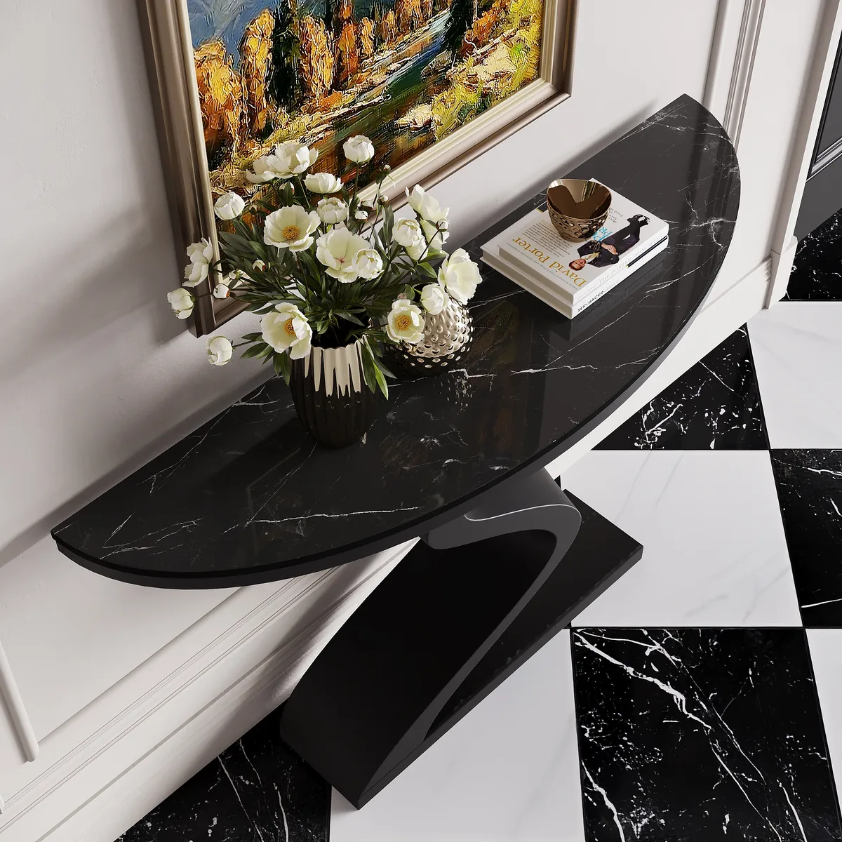 Curved Console Table with Sintered Stone Top Half Moon Shape Entryway Furniture — image 3