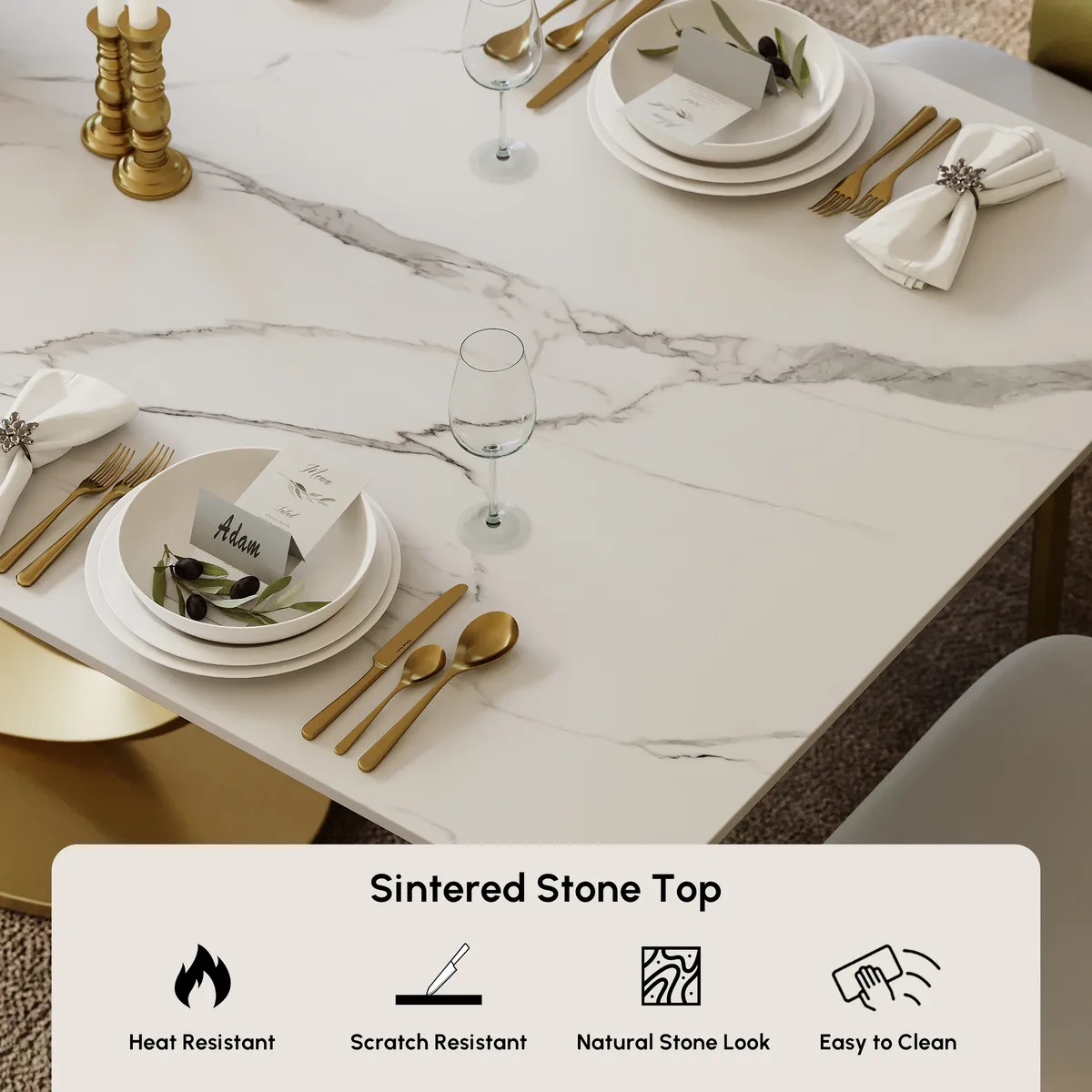 71" White Rectangular Dining Table Modern Faux Marble Tabletop with Pedestal Base — image 8