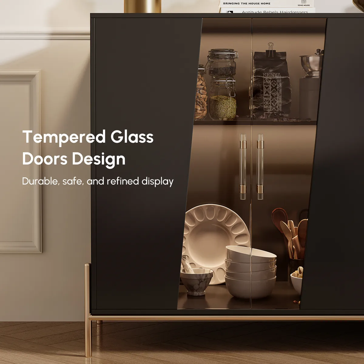 Dolawn Modern 55.1" Black Sideboard Buffet Tempered Glass Doors & Shelf Tray Wine Rack — image 7