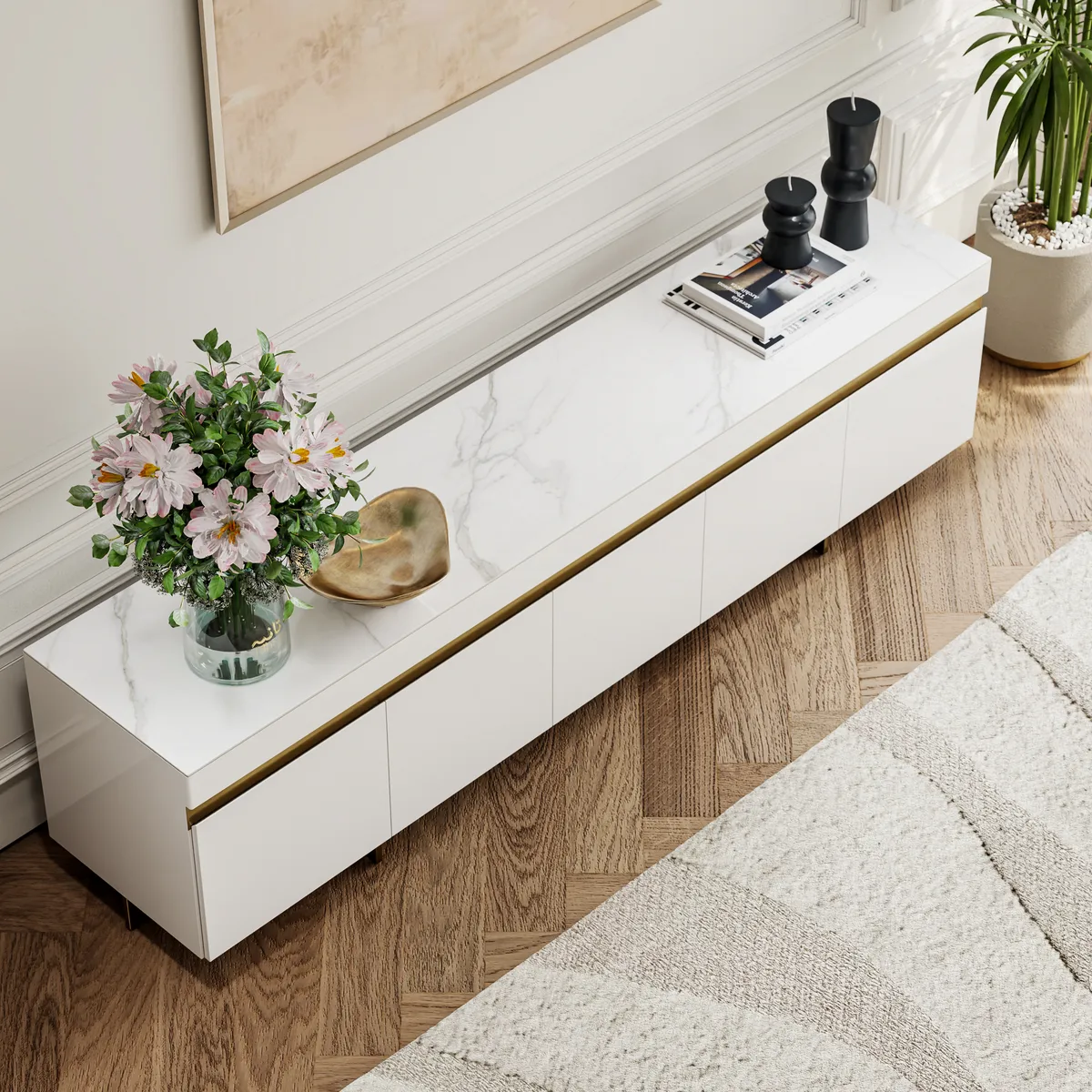 86" White Sintered Stone Top TV Stand with 4 Drawers — image 3