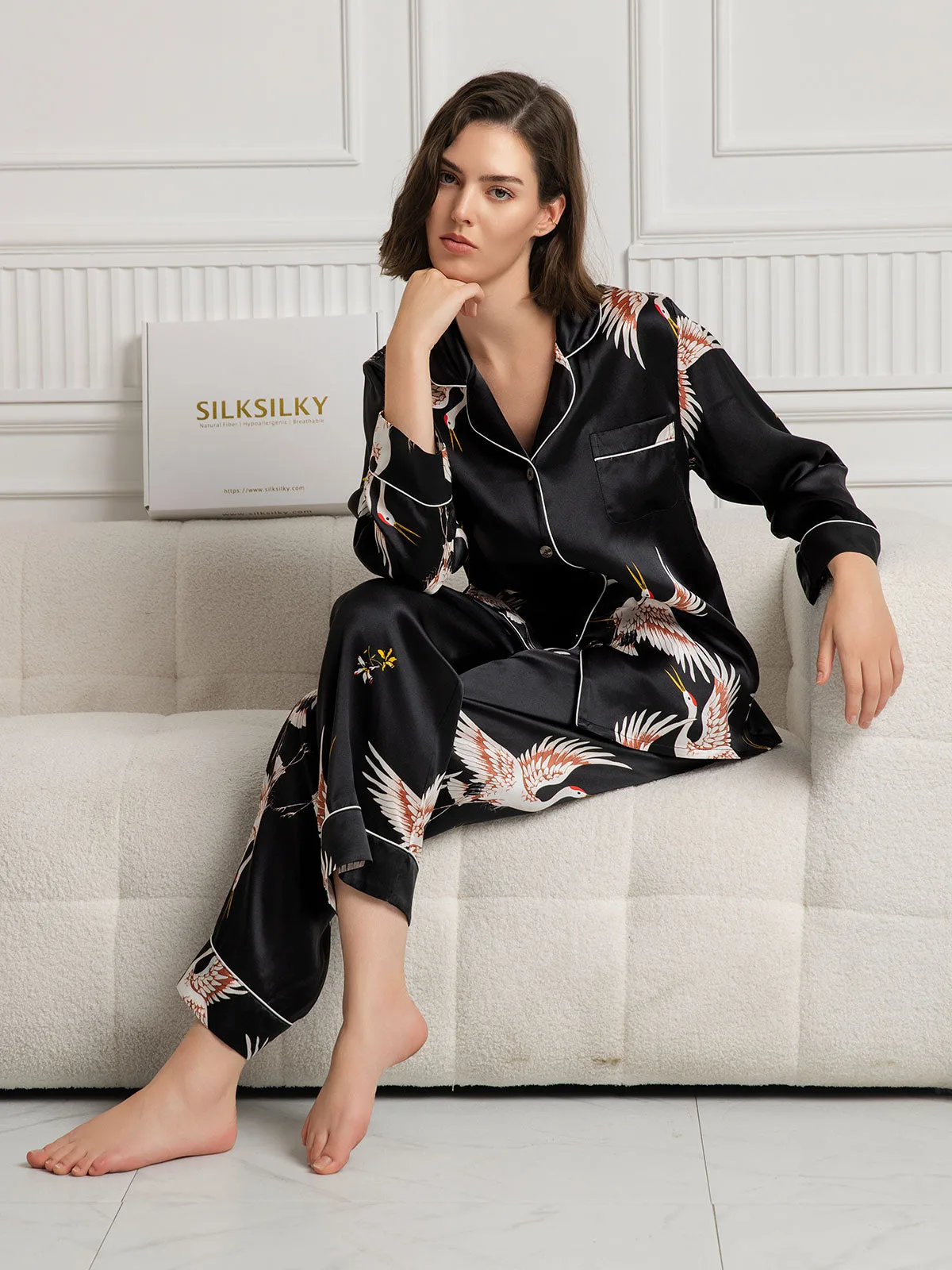 19Momme Women's 100% Mulberry Silk Crane Print Long Sleeve Notch Collar Pajamas Set — image 4