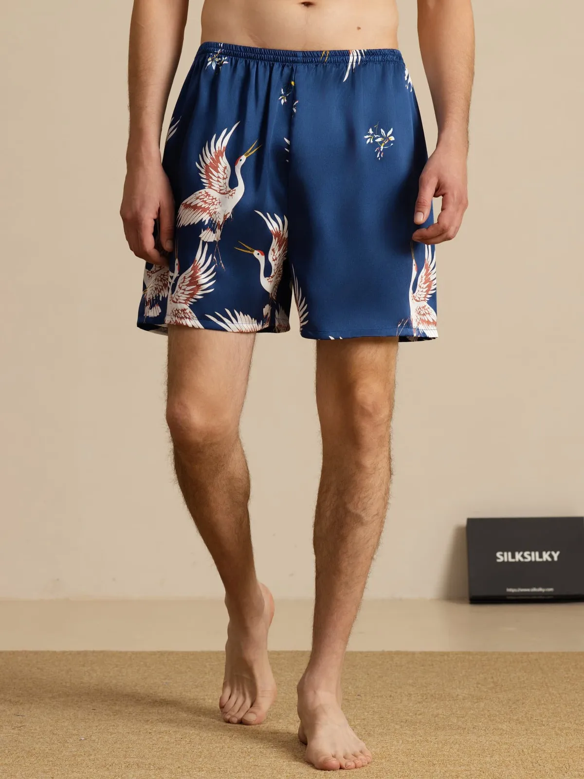 19Momme 100% Mulberry Silk Men's Crane Print Elastic Waist Sleep Shorts — image 3