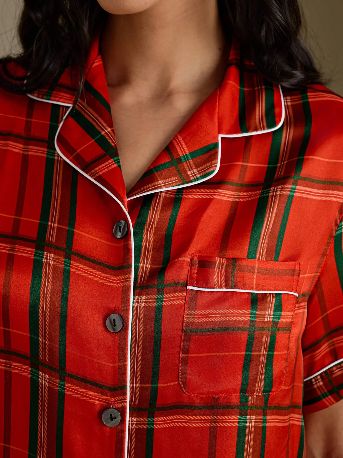100% Mulberry Silk Women's Plaid Print Short Sleeve Pajama Set — image 4