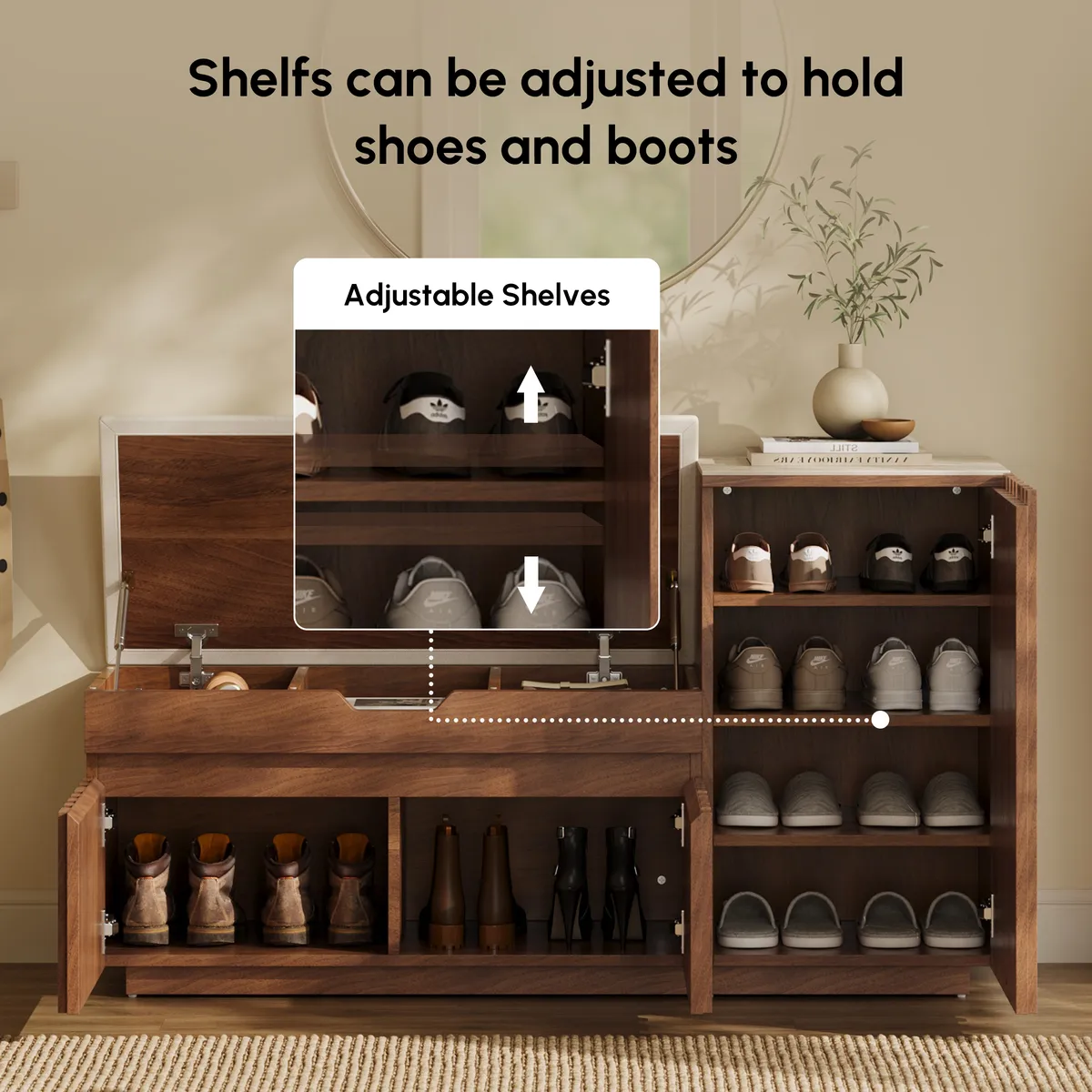 Aura 47” Wooden Shoe Storage Bench with Right-Side Cabinet for Entryway — image 9